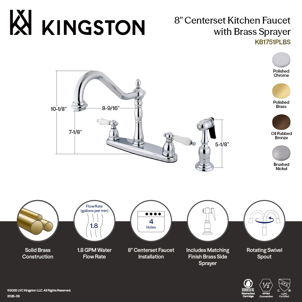 Kingston Heirloom KB1755PLBS - Heritage Two-Handle 4-Hole 8" Centerset Kitchen Faucet with Brass Sprayer, Oil Rubbed Bronze — thumbnail 2